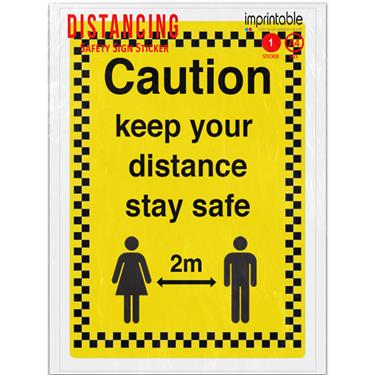 Picture of Caution Keep Your Distance Stay Safe Yellow Warning Adhesive Vinyl Sign