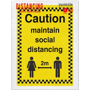 Picture of Caution Maintain Social Distancing 2M Yellow Warning Adhesive Vinyl Sign