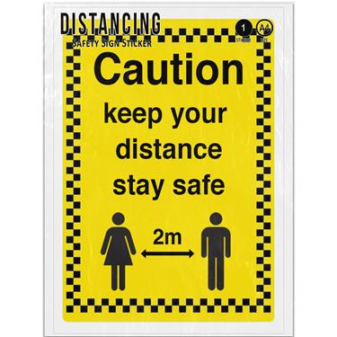 Picture of Caution Keep Your Distance Stay Safe Yellow Warning Adhesive Vinyl Sign