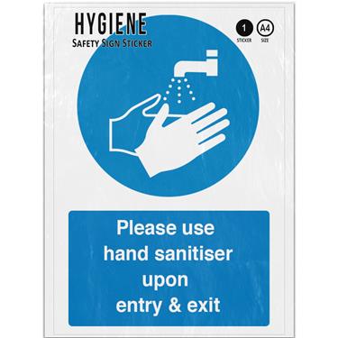 Picture of Please Use Sanitiser Upon Entry And Exit Blue Hands Hygiene Adhesive Vinyl Sign