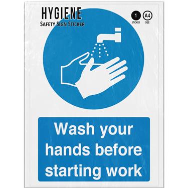 Picture of Wash Your Hands Before Starting Work Blue Mandatory Hygiene Adhesive Vinyl Sign