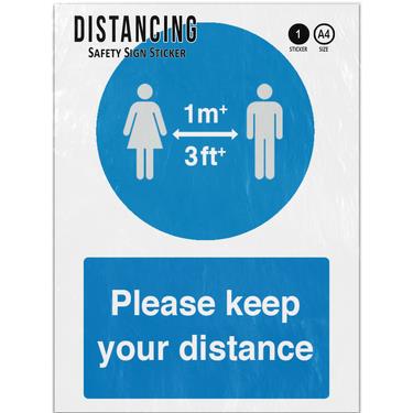 Picture of 1 Metre Plus Please Keep Your Distance Blue Mandatory Adhesive Vinyl Sign