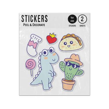 Picture of Dinosaur Sock Lolly Heart Taco Cactus Cartoon Doodles Set Sticker Sheets Twin Pack