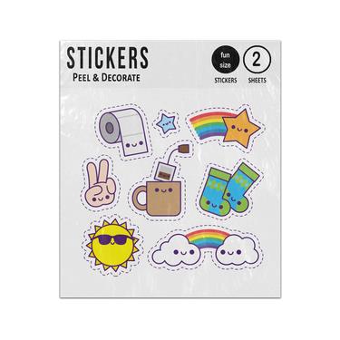 Picture of Kawaii Sun Clouds Rainbow Star Cup Peace Hand Set Sticker Sheets Twin Pack