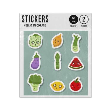Picture of Lettuce Aubergine Broccoli Lemon Tomato Faces 2D Flat Icons Set Sticker Sheets Twin Pack