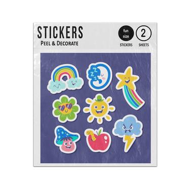 Picture of Rainbow Star Clouds Sun Moon Flowers Mushroom Apple Cartoon Faces Set Sticker Sheets Twin Pack