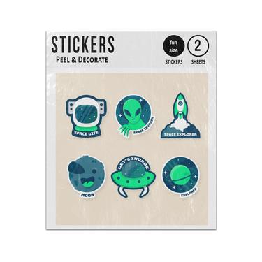 Picture of Space Life Explorer Alien Invader Moon Saturn Hand Drawings Set Sticker Sheets Twin Pack
