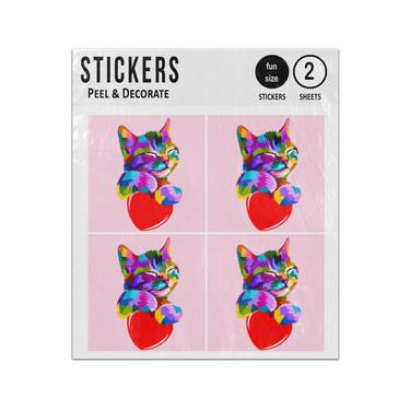 Picture of Artistic Style Smiling Cat Embraces Love Heart Sticker Sheets Twin Pack