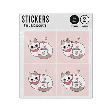 Picture of Cartoon Cute Cat Curled Up Tail With Coffee Cup Sticker Sheets Twin Pack