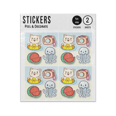 Picture of Cat Camera Water Melon Octopus Cute Cartoon Characters Set Sticker Sheets Twin Pack