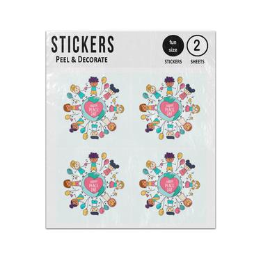 Picture of Happy Peace Day Children Holding Hands Circle The Earth Glove Sticker Sheets Twin Pack
