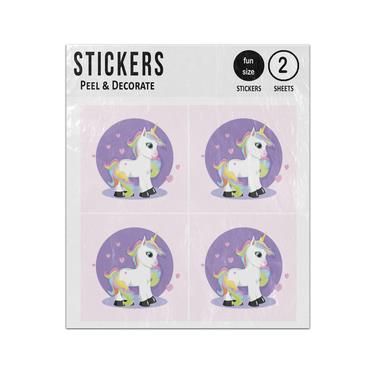 Picture of Young Unicorn Standing Pink Hearts Purple Circle Sticker Sheets Twin Pack