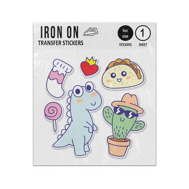 Picture of Dinosaur Sock Lolly Heart Taco Cactus Cartoon Doodles Set Iron On Sticker