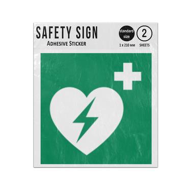 Picture of Automated External Heart Defibrillator Green Square Safe Condition Iso 7010 E010 Adhesive Vinyl Signs Twin Pack