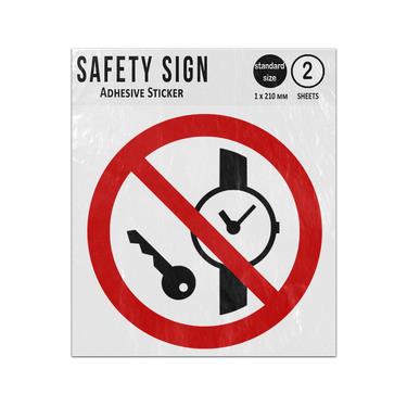 Picture of No Metallic Articles Or Watches Red Circle Diagonal Line Prohibition Iso 7010 P008 Adhesive Vinyl Signs Twin Pack