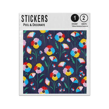 Picture of Bright Primary Red Blue Yellow Pink Poppy Petal Stem Seamless Pattern Sticker Sheets Twin Pack