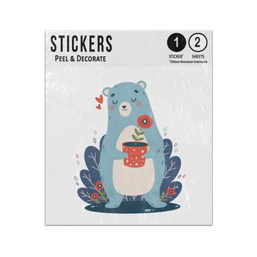 Picture of Cartoon Standing Blue Bear Hearts Red Poppy Flowerpot Sticker Sheets Twin Pack