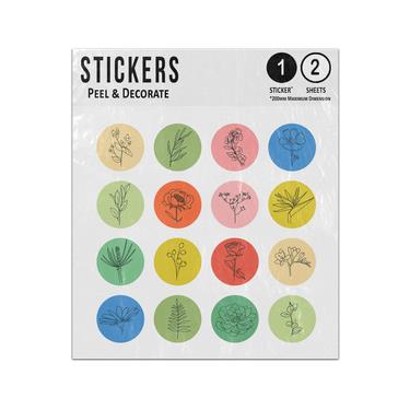 Picture of Colourful Circles Monochrome Flowers With Poppy Wild Drawing Plant Sticker Sheets Twin Pack