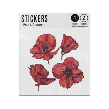 Picture of Four Vibrant Dark Red Poppy Flower Loose Petals Short Green Stem Sticker Sheets Twin Pack