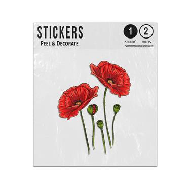 Picture of Poppies Line Two Red Illustration Heads Budding Stems Sticker Sheets Twin Pack
