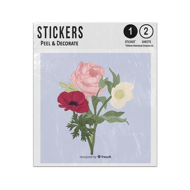 Picture of Red Poppy Pink Rose White Flower Stem Bouquet Vintage Botanical  Leaves Sticker Sheets Twin Pack