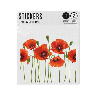 Picture of Wild Poppies Delicate Petal Seed Heads Row Line Red Tall Green Stem Sticker Sheets Twin Pack