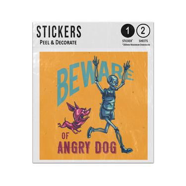 Picture of Beware Of Angry Dog Chasing Skeleton Runner Illustration Sticker Sheets Twin Pack