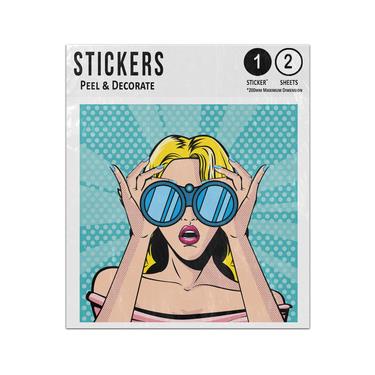 Picture of Blonde Woman Face With Open Mouth Binoculars Pop Art Style Sticker Sheets Twin Pack