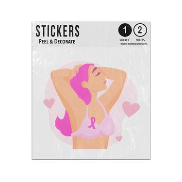 Picture of Breast Cancer Awareness Woman Wearning Pink Bra Ribbon Illustration Sticker Sheets Twin Pack