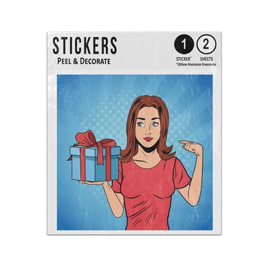 Picture of Brunette Woman Holding Present Gift Box Pointing Pop Art Sticker Sheets Twin Pack