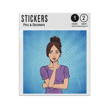 Picture of Brunette Woman Pensive Thinking Arms Crossed Pop Art Style Drawing Sticker Sheets Twin Pack