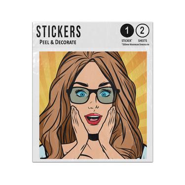 Picture of Brunette Woman Sunglasses Holding Face Surprise Expression Pop Art Sticker Sheets Twin Pack