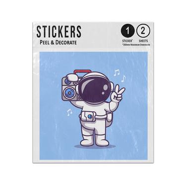 Picture of Cartoon Astronaut Listening To Music On Boombox Hand Peace Sign Sticker Sheets Twin Pack