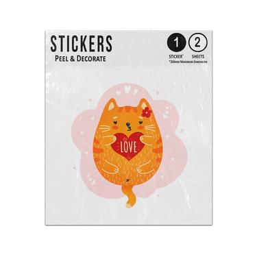 Picture of Cuddly Orange Cat Holding Red Love Heart Hand Drawn Sticker Sheets Twin Pack
