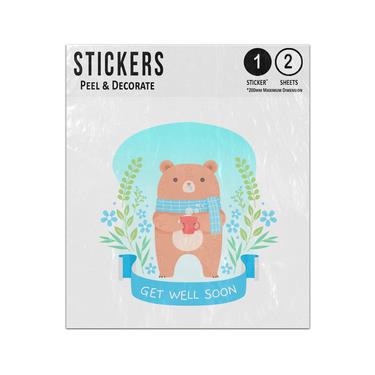 Picture of Cute Bear Holding Warm Cup Surrounded By Flowers Get Well Soon Sticker Sheets Twin Pack