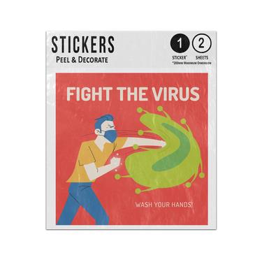 Picture of Fight The Virus Wash Your Hands Man Punching Green Mucus Bacteria Sticker Sheets Twin Pack
