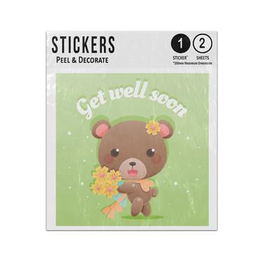 Picture of Get Well Soon Message Baby Girl Brown Bear Holding Flowers Sticker Sheets Twin Pack