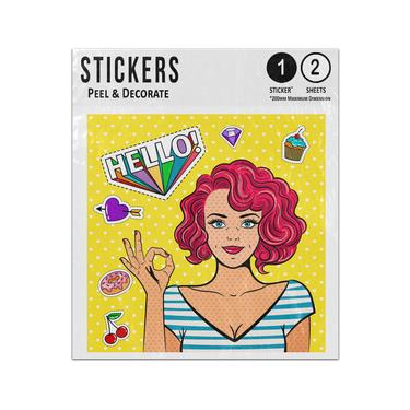 Picture of Girl Women Making Ok Sign Hello Cake Diamond Doodles Pop Art Style Sticker Sheets Twin Pack