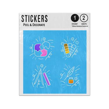 Picture of Jigsaw Feather Ruler Compass Hand Drawn Creativity Doodles Sticker Sheets Twin Pack