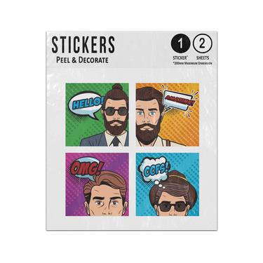 Picture of Mens Hipster Comic Strip Vignette Speech Bubbles Hello Omg Oops Sticker Sheets Twin Pack