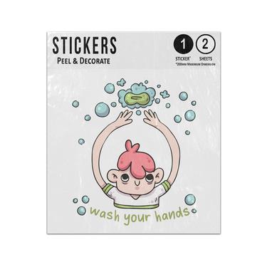Picture of Wash Your Hands Lettering Kid Cleaning Soapy Bubbles Illustration Sticker Sheets Twin Pack