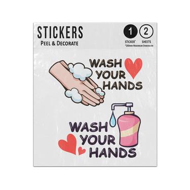 Picture of Wash Your Hands Messages Soapy Water Hand Sanitiser Love Hearts Sticker Sheets Twin Pack