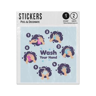 Picture of Wash Your Hands Steps Water Foam Bubbles Dry Sanitise Illustration Sticker Sheets Twin Pack