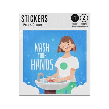 Picture of Wash Your Hands Women Sink Tap Running Bubbles Illustration Sticker Sheets Twin Pack