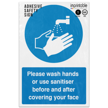 Picture of Please Wash Hands Or Use Sanitiser Before And After Covering Your Face Adhesive Vinyl Sign