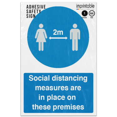 Picture of Social Distancing Measures In Place On These Premises Blue Mandatory Adhesive Vinyl Sign