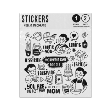 Picture of Happy Mothers Day Doodles Black White Thank You Best Mum Sticker Sheets Twin Pack