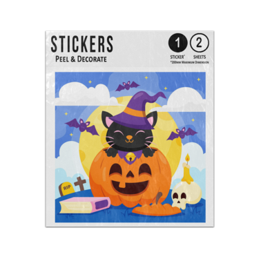 Picture of Black Cat Inside Orange Pumpkin Bats Flying Graveyard Halloween Sticker Sheets Twin Pack