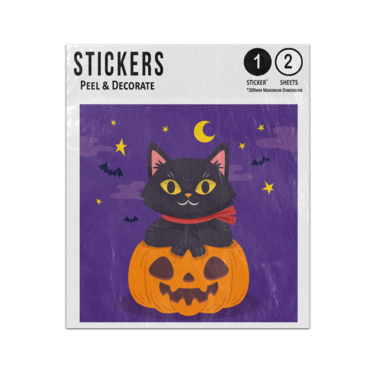 Picture of Black Cat Sitting On Orange Pumpkin Bats Flying In Night Sky Sticker Sheets Twin Pack