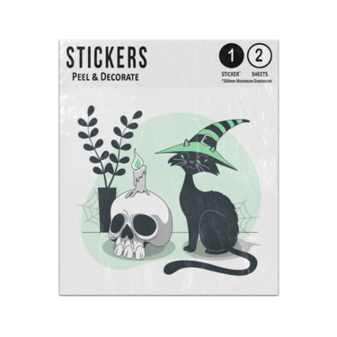 Picture of Black Cat Wearing Witches Hat Next To Halloween Skeleton Skull Sticker Sheets Twin Pack